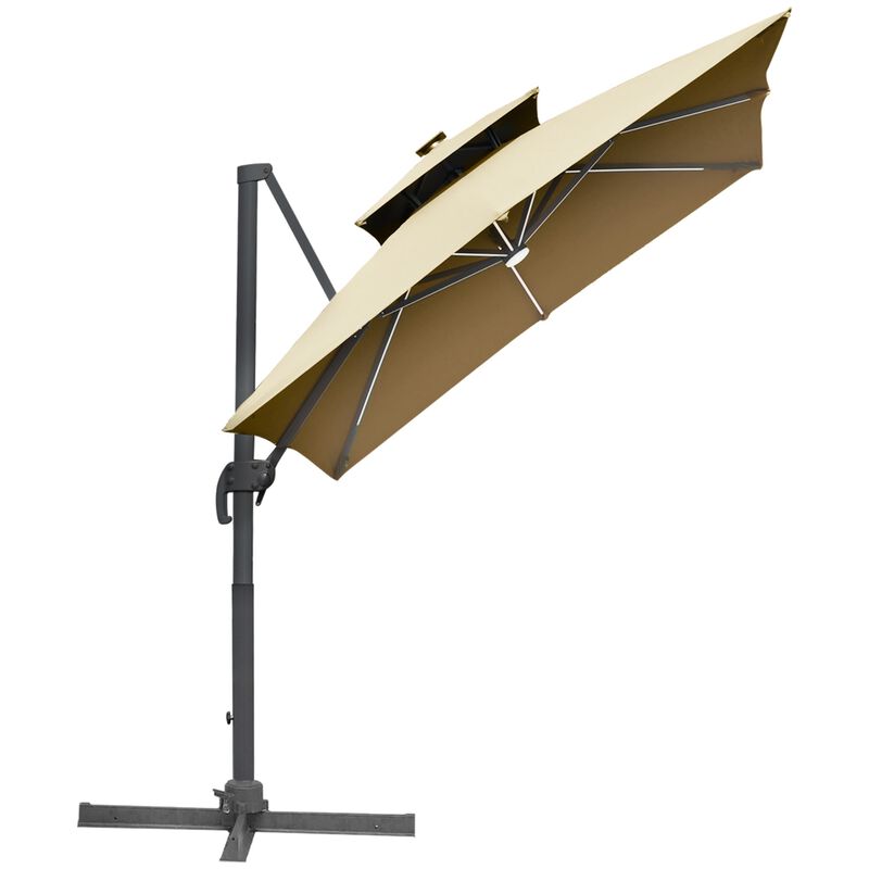 Khaki Patio Shade: 10ft Solar LED Cantilever Umbrella with Rotation