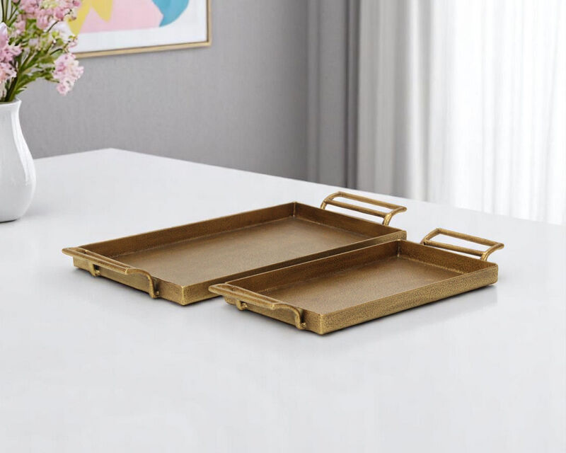 HomeRoots Set of Two Gold Cast Iron Handmade Vanity Trays With Handles image number 1