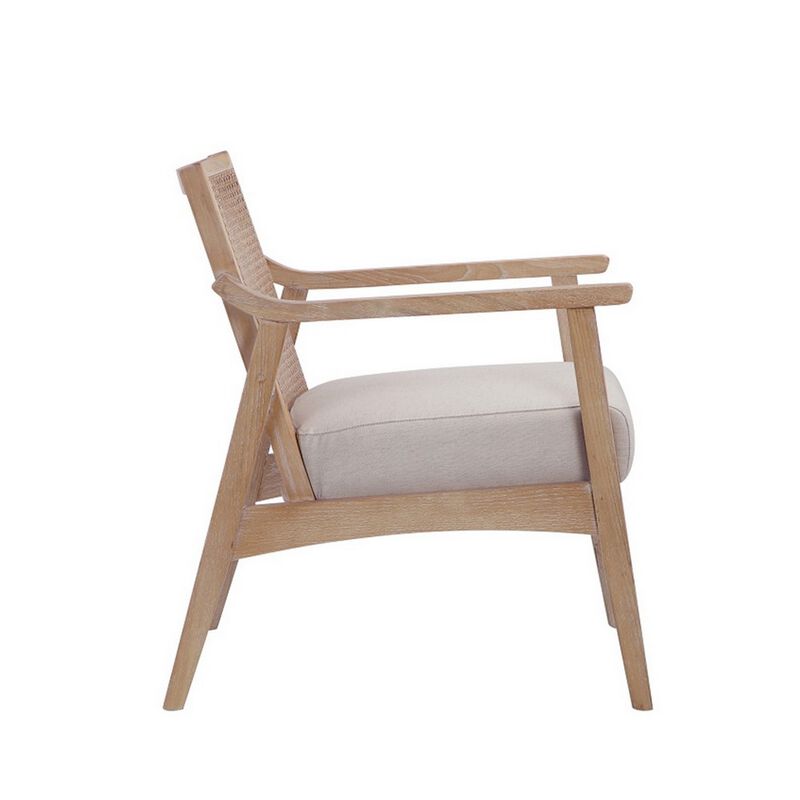 28 Inch Lounge Armchair with Cane Back, Beige Polyester Boucle, Brown Frame - Benzara