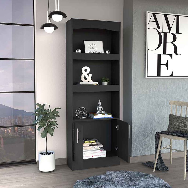 DEPOT E-SHOP Dozza Bookcase, Three Shelves, Double Door Cabinet, Metal Hardware, Black