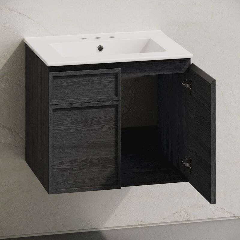 24" Wall-Mounted Bathroom Vanity in Black Oak with 3-Hole Centerset Sink Top image number 3