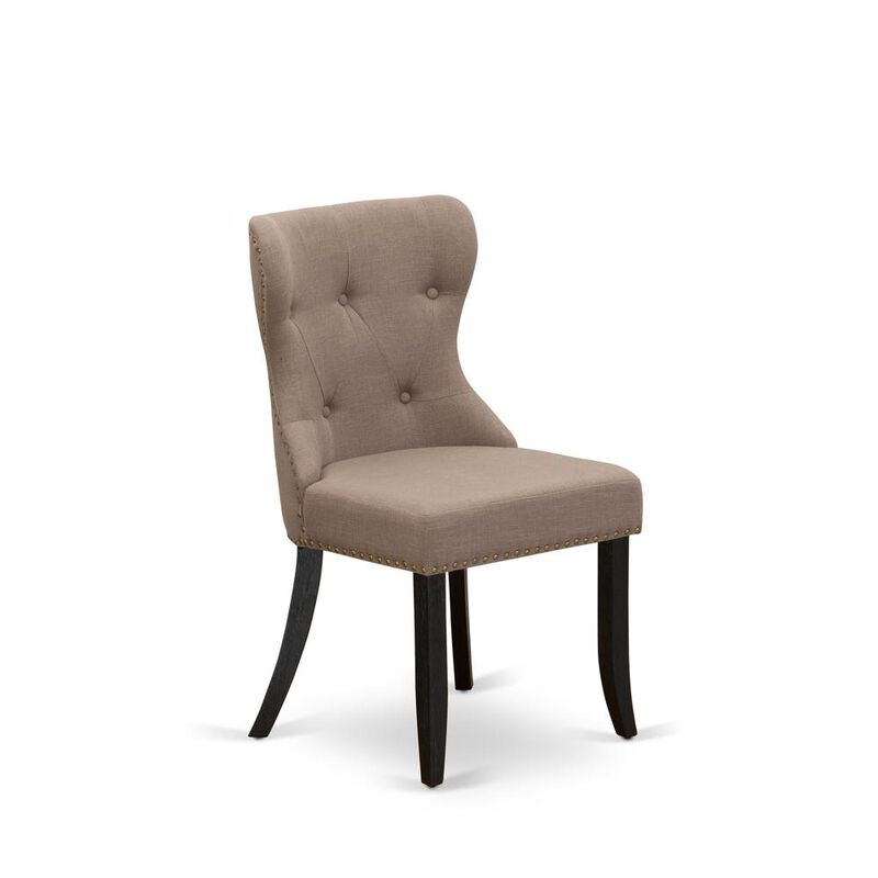 East West Furniture - Set of 2 - Dining Room Chair- Upholstered Dining Chairs Includes Wirebrushed Black Wooden Frame with Coffee Linen Fabric Seat with Nail Head and Button Tufted Back