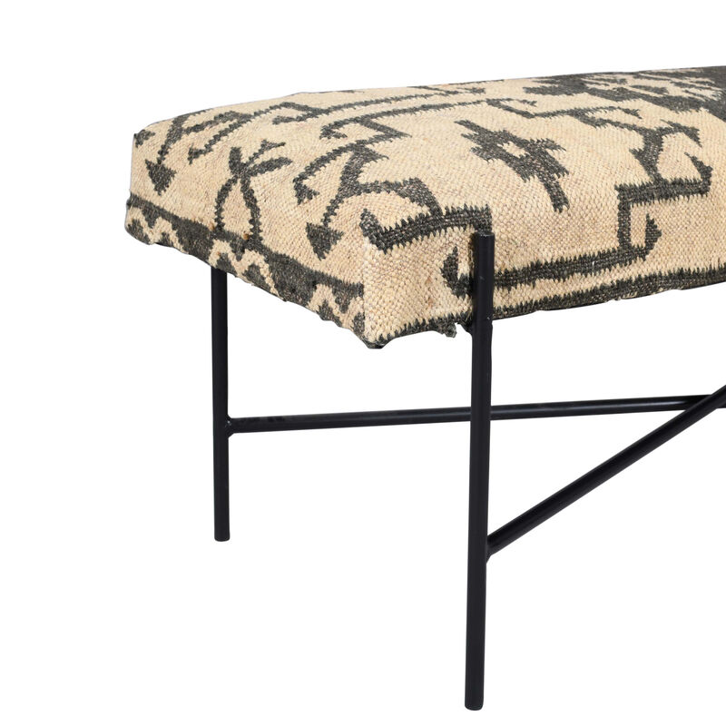 HomeRoots 48" Cream and Black Cotton Blend Upholstered Southwest Bench image number 5