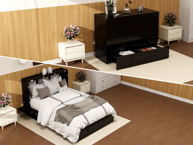 Livelylodge Wood Cabinet Murphy Bed Storage Space Drawer for Guest Room Black