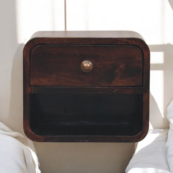 Artisan Furniture Solid Wood Mini Curved California Walnut Wall Mounted Bedside with Open Slot