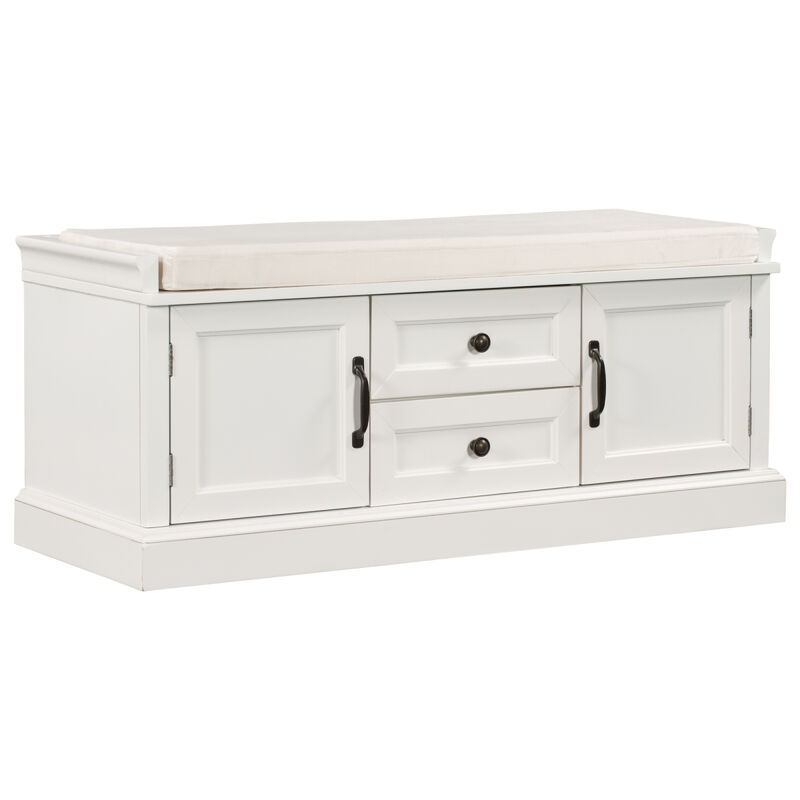 Storage Bench With 2 Drawers And 2 Cabinets, Shoe Bench With Removable Cushion For Living Room