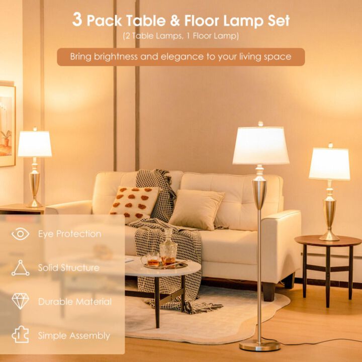 Hivvago 3 Piece Lamp with Set Modern Floor Lamp and 2 Table Lamps-Silver