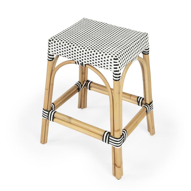 Butler Specialty Robias Rectangular Rattan 24.5 Counter Stool, White and Black Dot