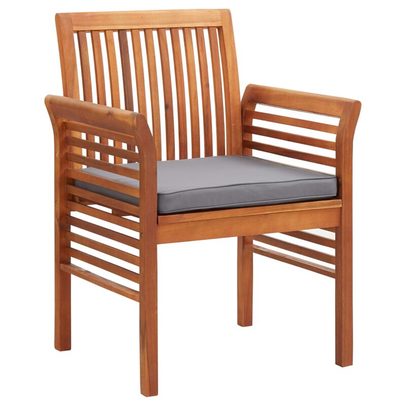 Outdoor Dining Chair Set of 4, Slatted Brown Acacia Wood, Gray Fabric - Benzara image number 0