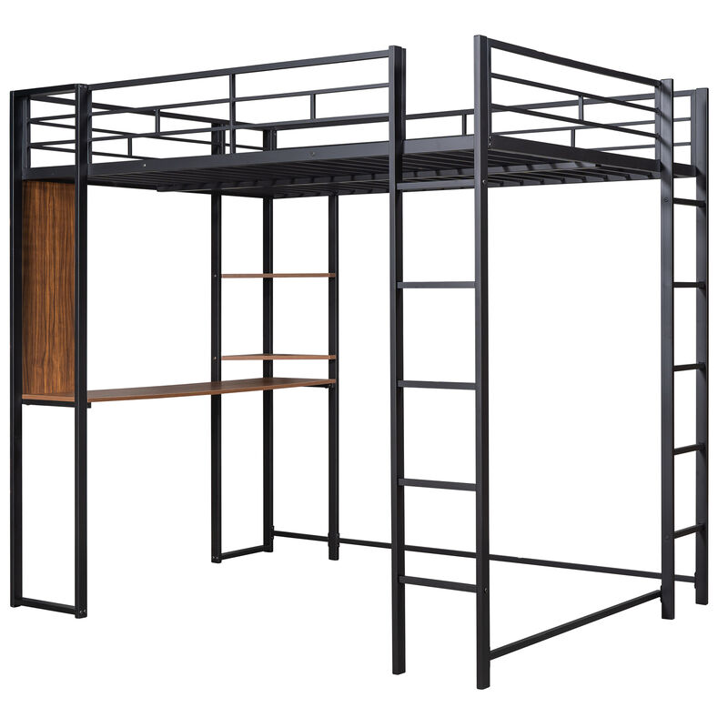 Merax Metal Loft Bed with 2 Shelves and 1 Desk