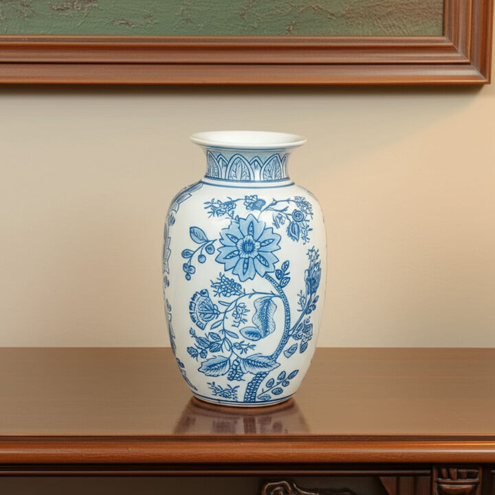 HomeRoots 9" Light Blue And White Floral Round Porcelain Jar