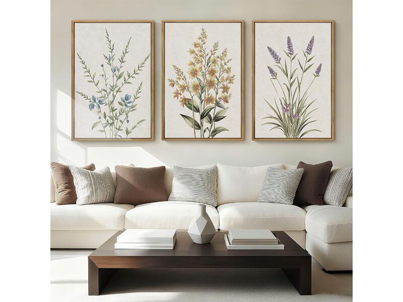 Extra Large Framed Botanical Wall Art Set of 3 Neutral Floral Canvas Decor image number 1