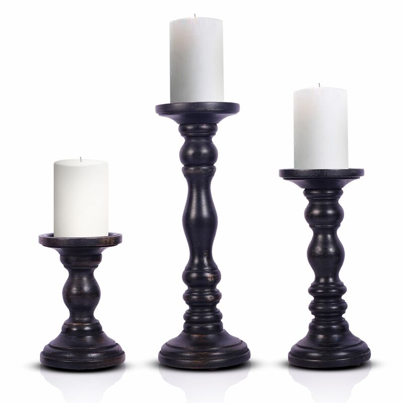 Homezia Set of Three Matte Black Genuine Wood Hand Carved Pillar Candle Holders