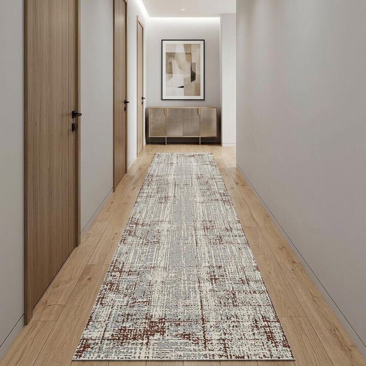 HomeRoots 10' Ivory Red And Gray Abstract Runner Rug