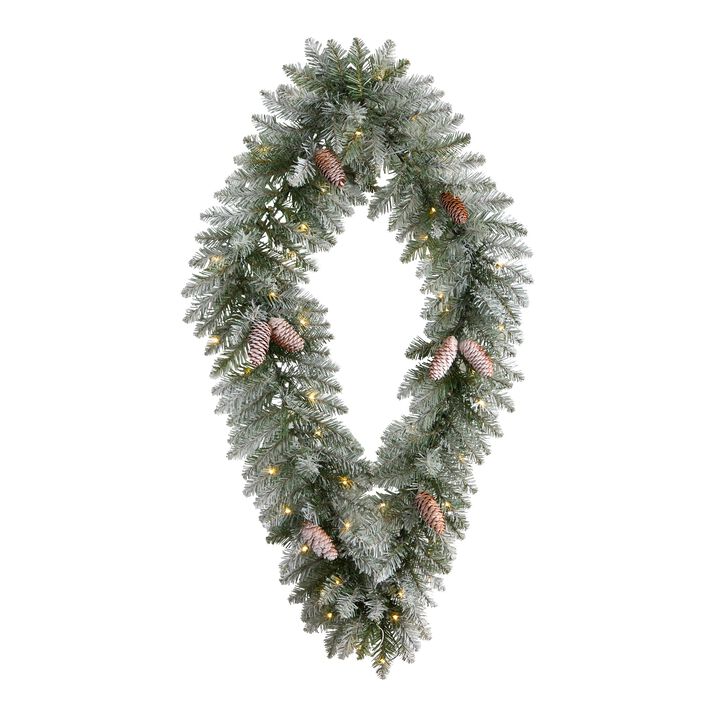 HomPlanti 3' Holiday Christmas Geometric Diamond Frosted Wreath with Pinecones and 50 Warm White LED Lights