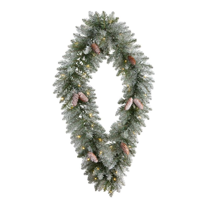 Hivvago 3' Holiday Christmas Geometric Diamond Frosted Wreath with Pinecones and 50 Warm White LED Lights