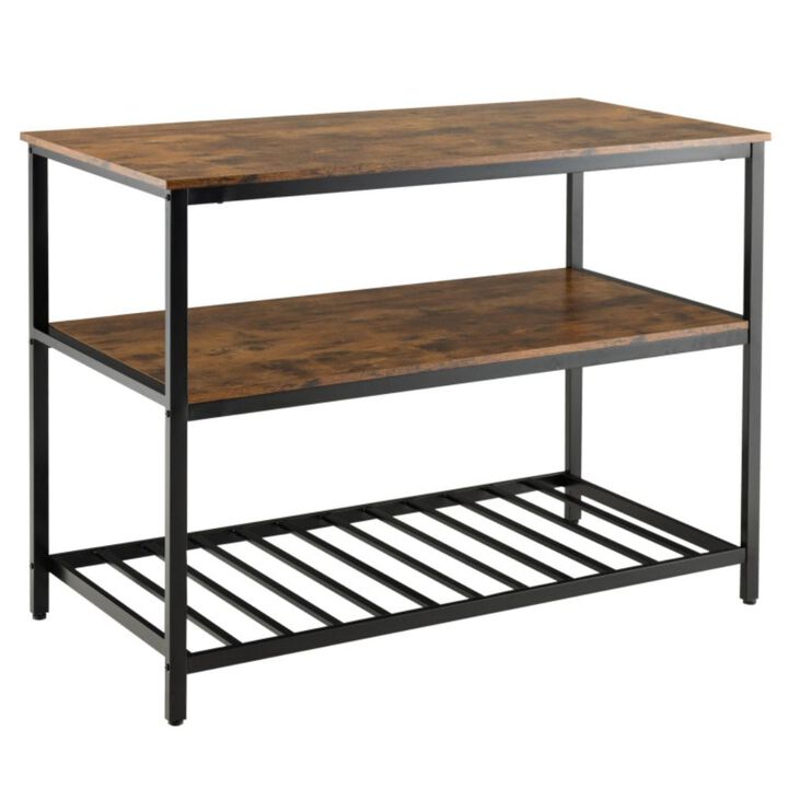 Hivago 3 Shelves Kitchen Island Industrial Prep Table with Bottom Wine Rack-Rustic Brown
