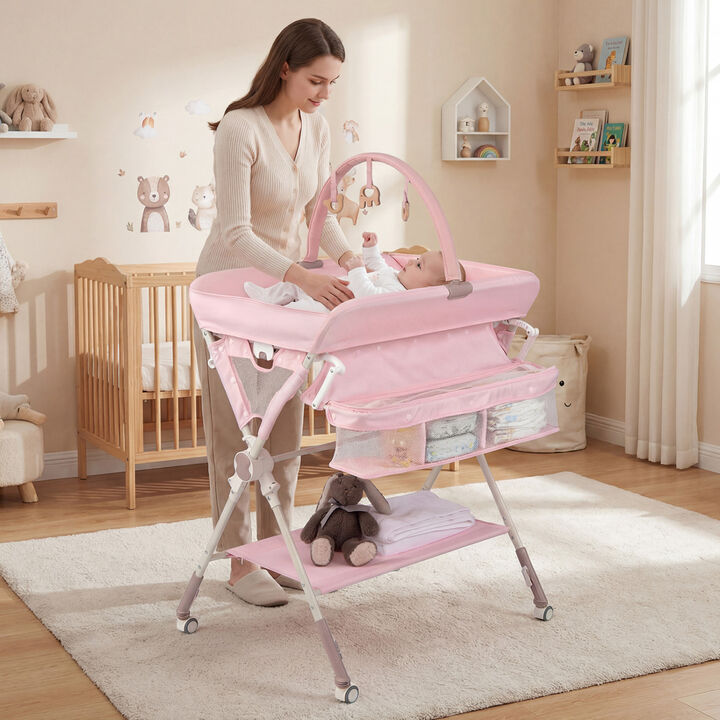 Foldable Diaper Changing Station with Shelf and Storage Bag for Baby Nursery