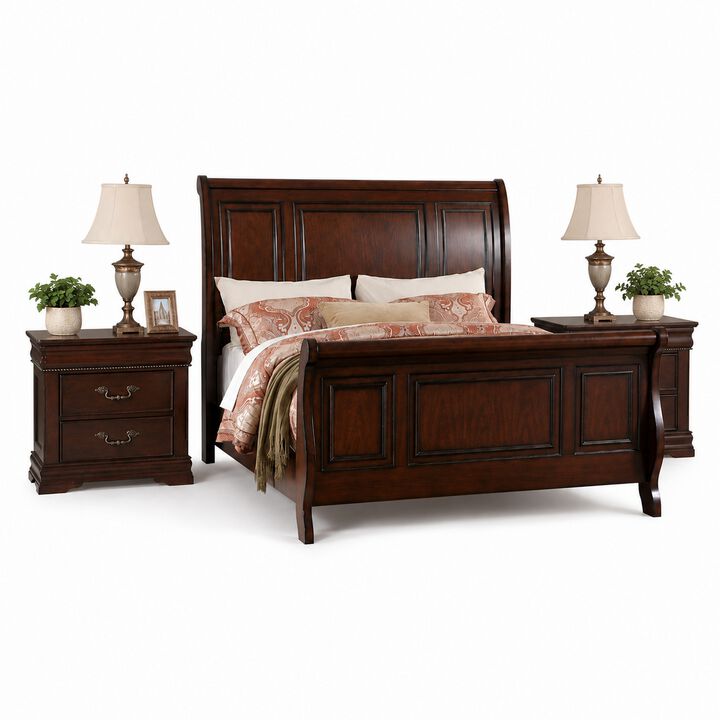 Queen Bedroom Set, Brown Wood, 3 Piece Set with 2 Nightstands