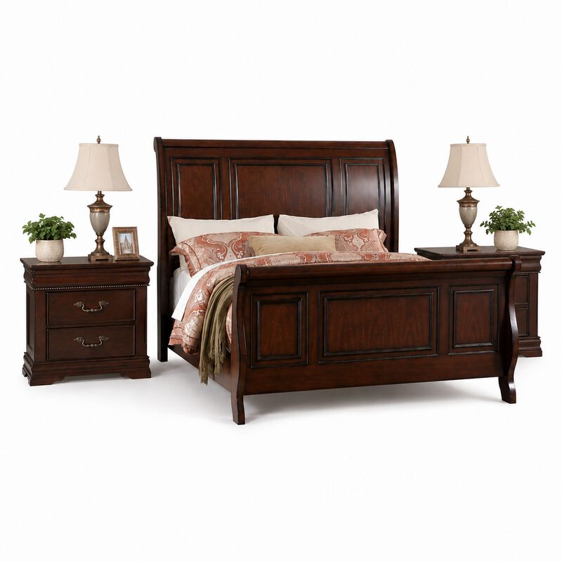 Queen Bedroom Set, Brown Wood, 3 Piece Set with 2 Nightstands image number 0
