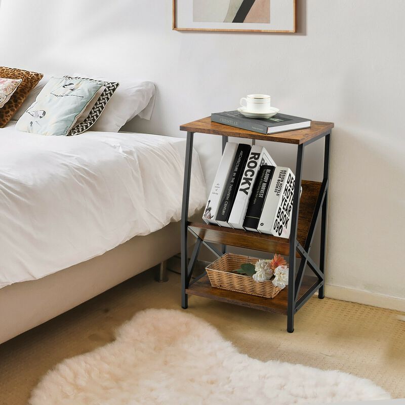 3-Tier Industrial Side Table with V-shaped Bookshelf for Living Room-Rustic Brown image number 1