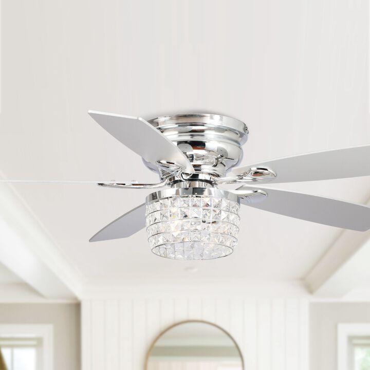 52" Chrome Modern Crystal Flush Mount Ceiling Fan with Light Kit and Remote