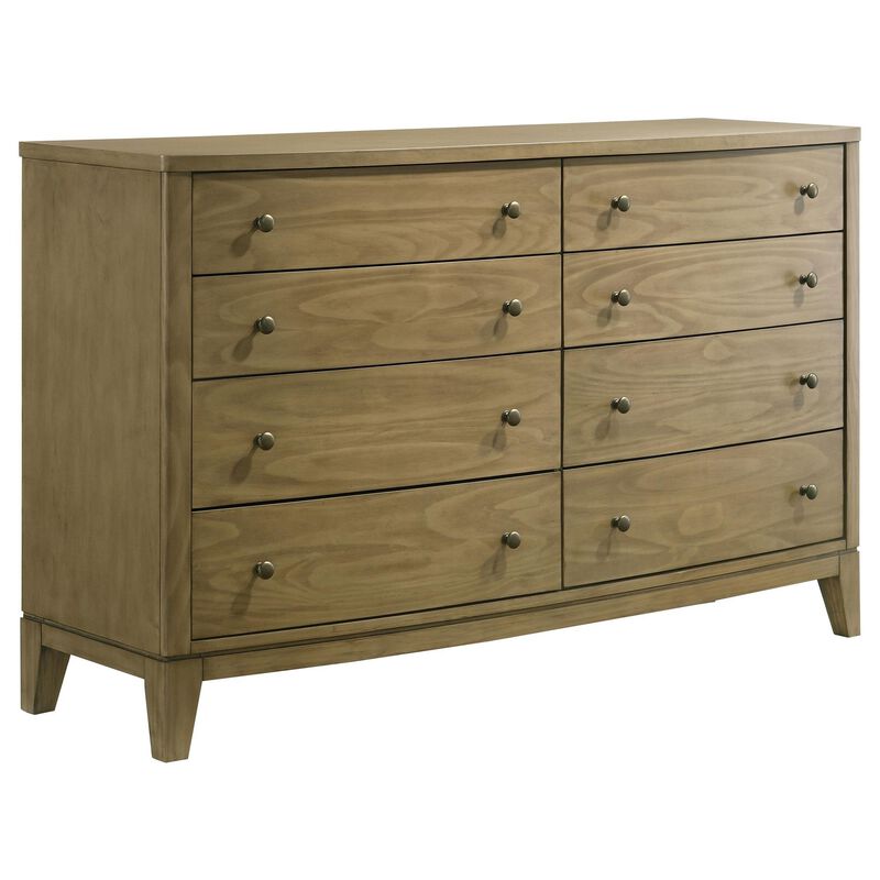 Heon Wide Dresser, 8 Drawers w Round Nickel Knobs, Natural Brown Pine - Benzara