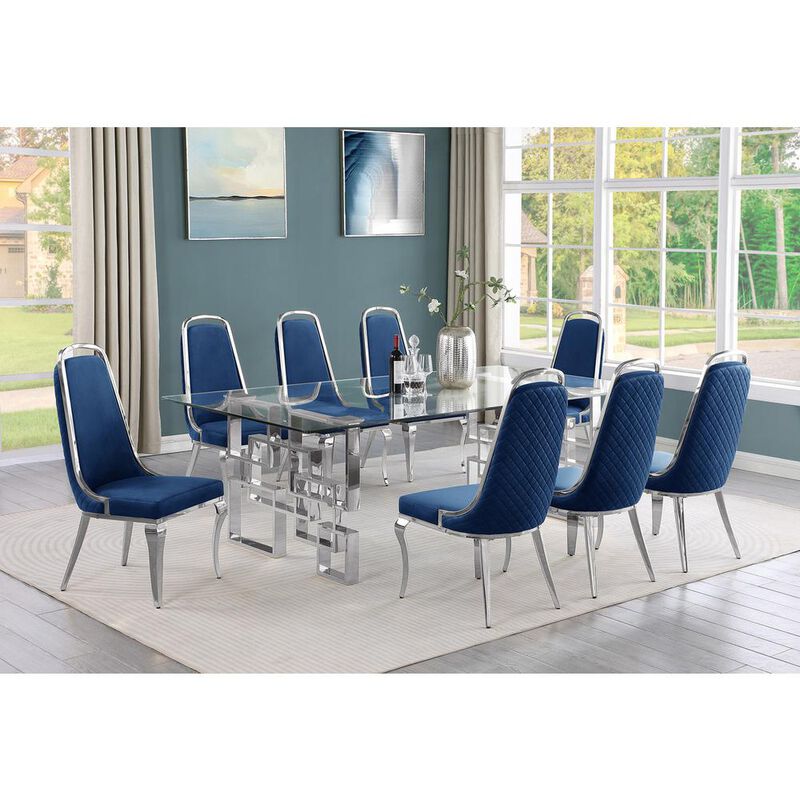 9-piece glam dining set with 8 Navy blue chairs and one 95" glass dining table
