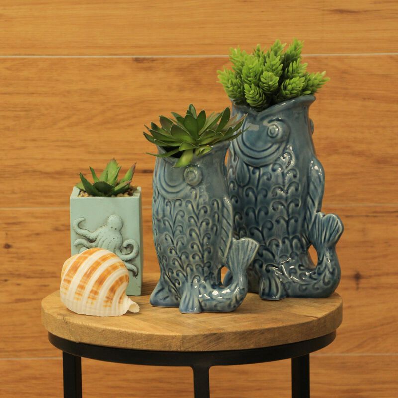 Blue Fish Decorative Vases Set Of 2 Glossy Ceramic Coastal Tabletop image number 4