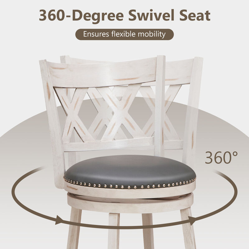 25.5 Inch Hand-Antiqued Stool Set of 2 with Wider Padded Seat-White