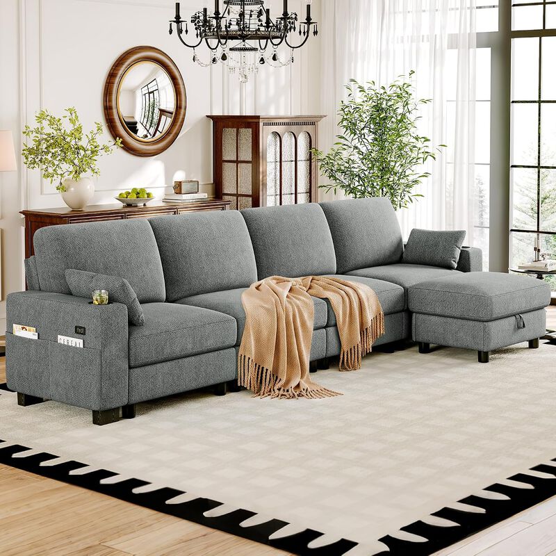 Vipbear 128 Inch Modular Sectional Sofa, Comfy Chenille 5 Seater L Shaped Cloud Couch with Ottoman image number 9