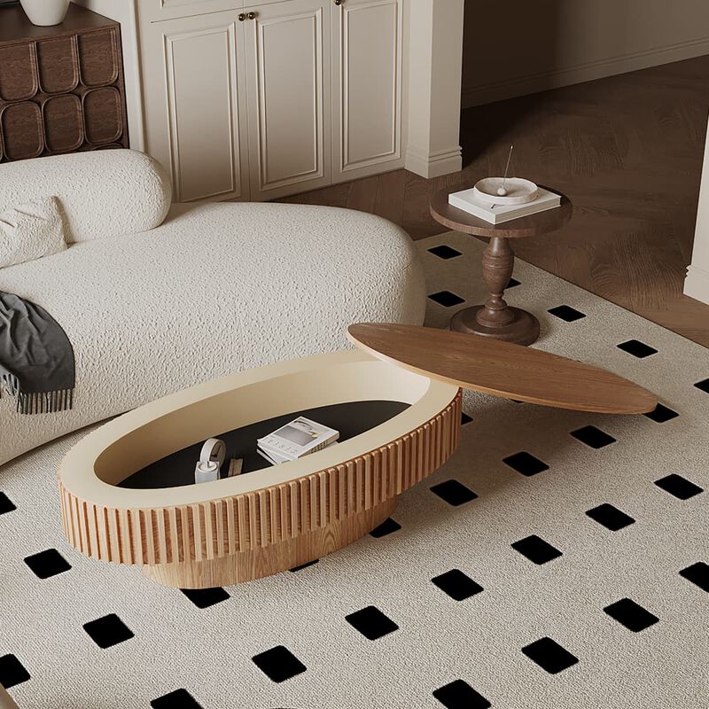Oval coffee table with storage Solid wood veneer and MDF modern coffee table with fluted base Accent tea coffee table for living room image number 5