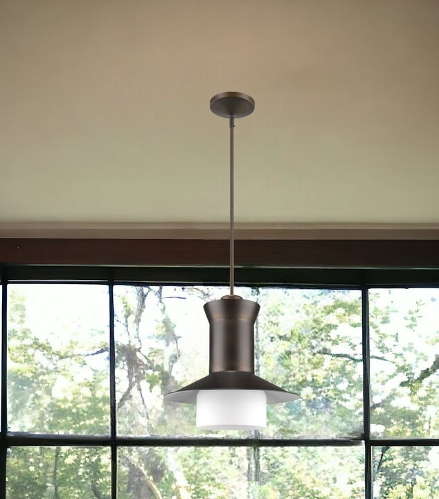Hivvago Greta 1-Light Oil-Rubbed Bronze Pendant With Gloss White Interior And Etched Glass Shade