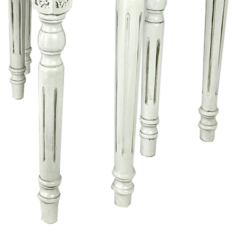 Elegantly Engraved Wooden Frame Nesting Table, Set of 2, Antique White