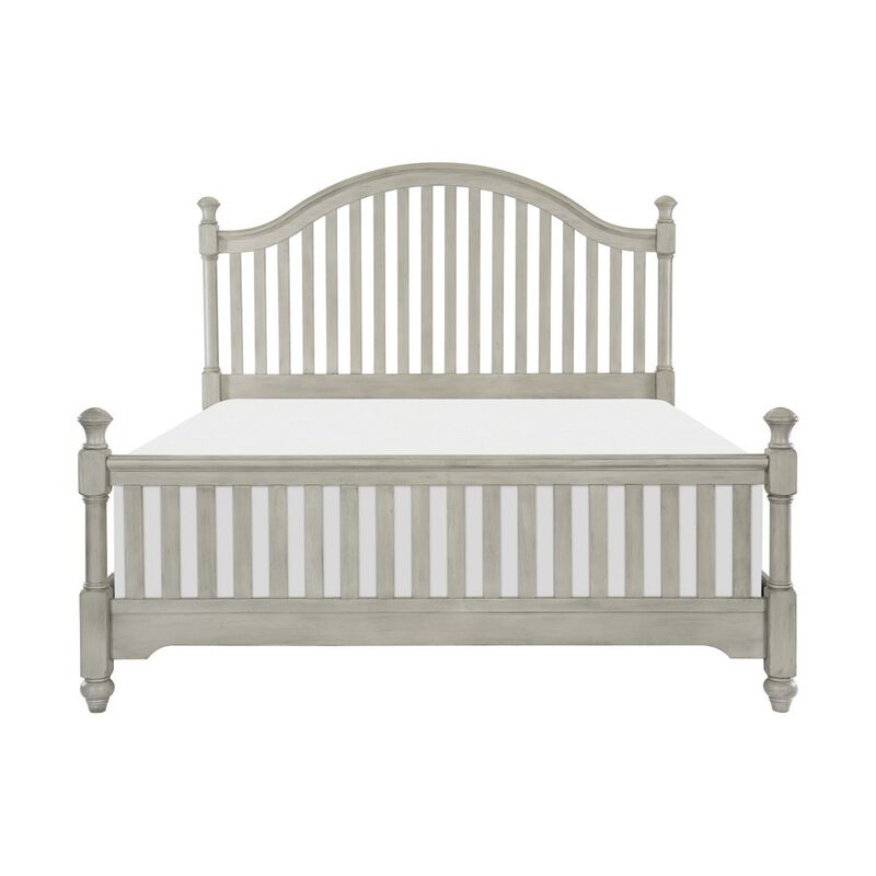 Ugo Queen Bed, Slatted Arched Headboard, Finial Accents, Gray Wood Frame