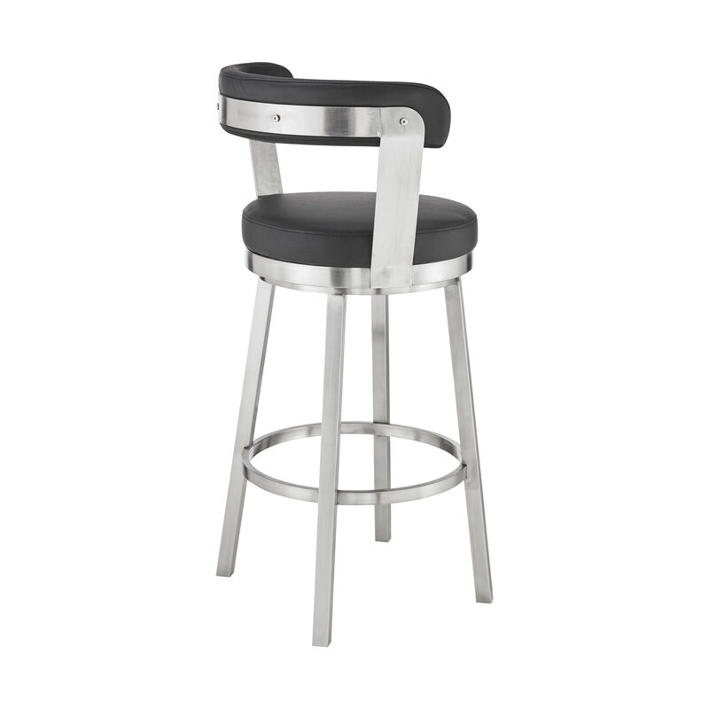 Kobe Bar Height Swivel Bar Stool in Brushed Stainless Steel Finish and Black Faux Leather image number 3