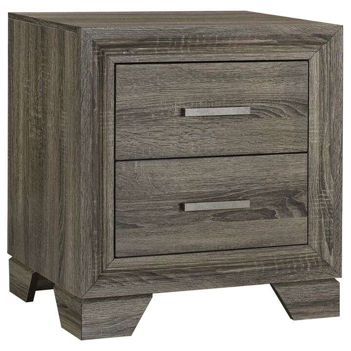 Reay Nightstand, Brown Oak Finish, 2 Drawers Silver Metal Bar Handles - Benzara