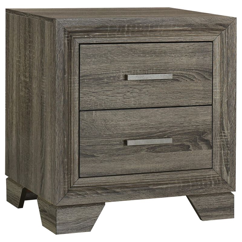 Reay Nightstand, Brown Oak Finish, 2 Drawers Silver Metal Bar Handles - Benzara