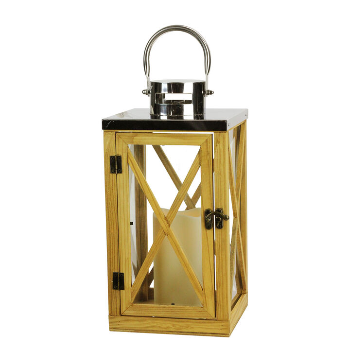 13.5" Rustic Wood and Stainless Steel Lantern with LED Flameless Pillar Candle with Timer