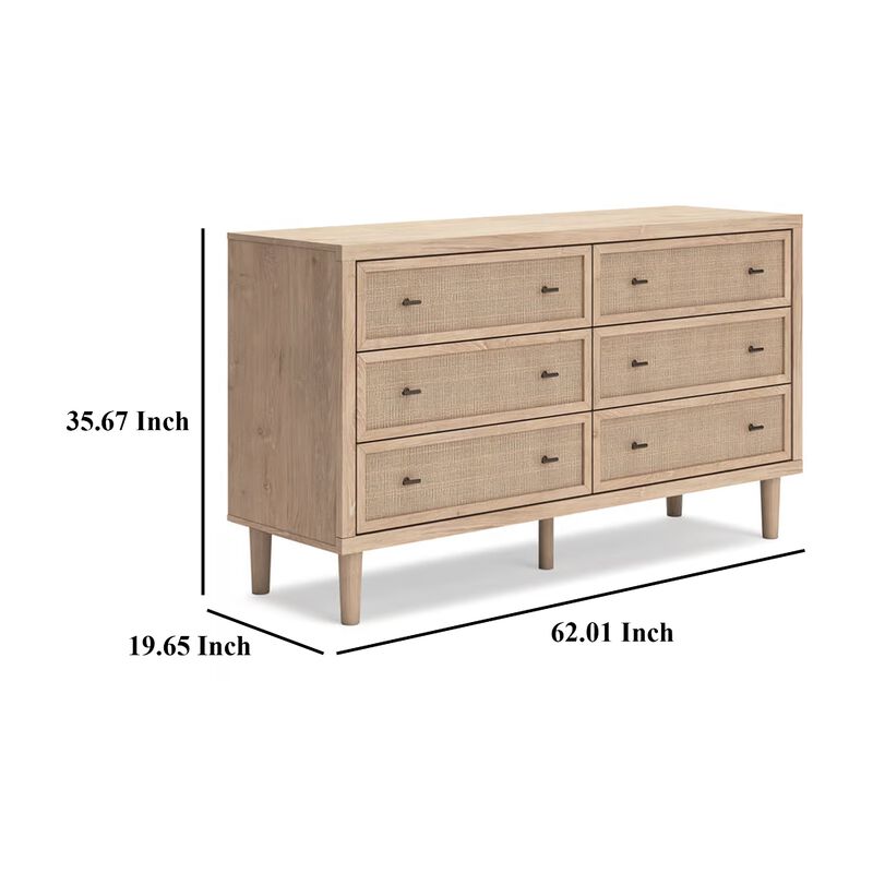 Ciel Wide Dresser, 6 Drawers with Metal Knob Handles, Brown and Bronze - Benzara