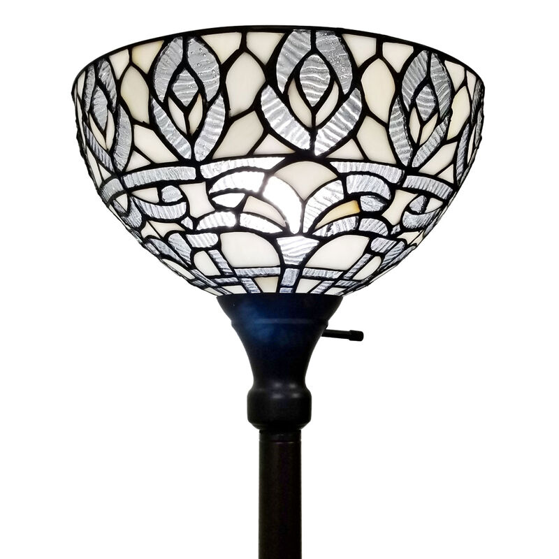 Hivvago 62" Brown And White Torchiere Floor Lamp With White Peacock Feather Glass Dome Shade