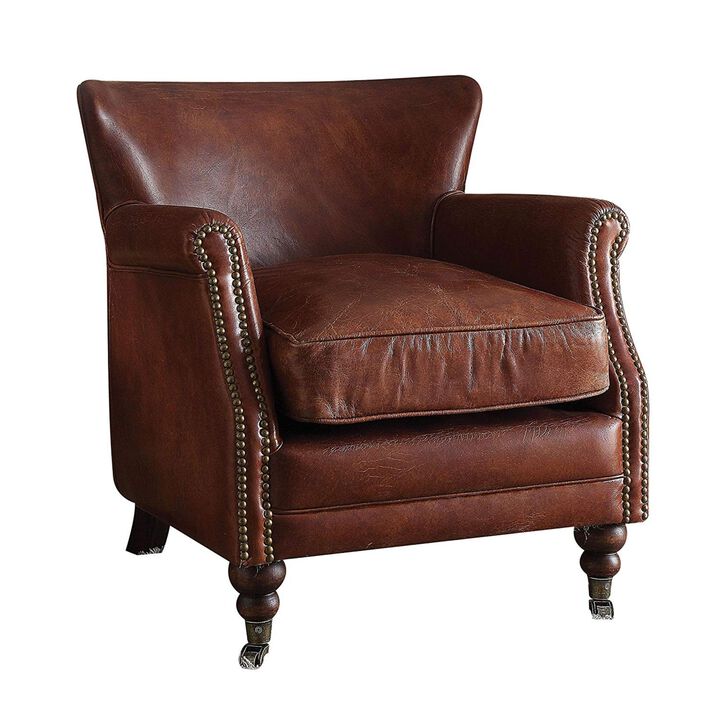 Leather Upholstered Accent Chair With Nail head Trim, Dark Brown-Benzara
