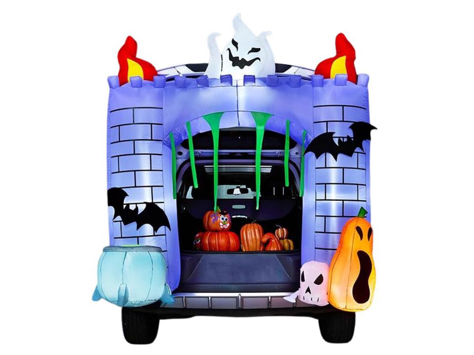 6FT Halloween Inflatable Haunted Castle with Ghost & Pumpkin – Blow-Up Trunk-or-Treat Yard Decor with LED Lights for Lawn, Garden & Party Display