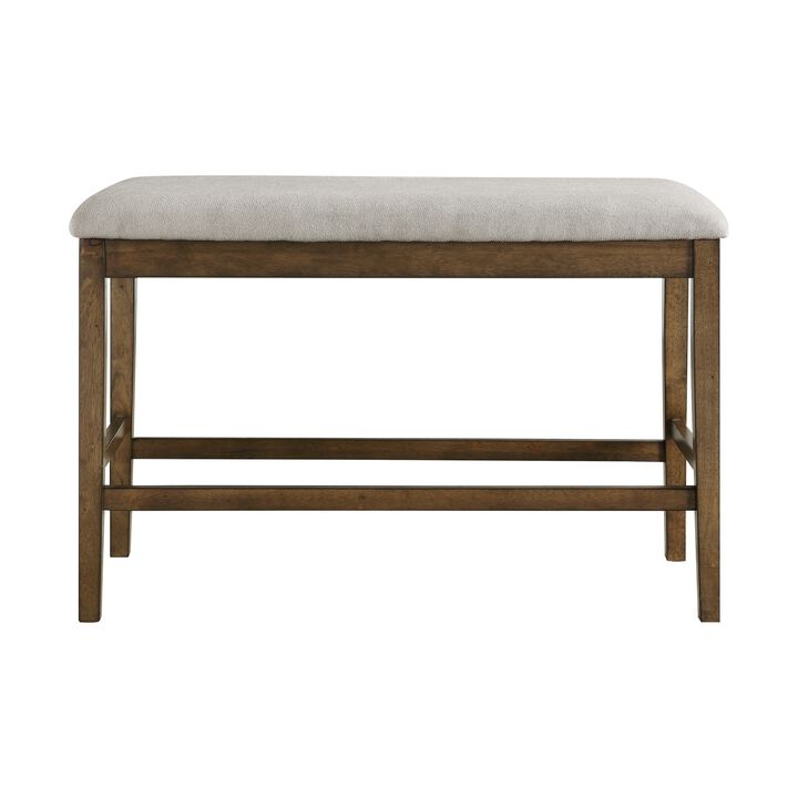 Carl 39 Inch Two Tone Counter Bench, Gray Fabric Seat, Light Oak Wood-Benzara