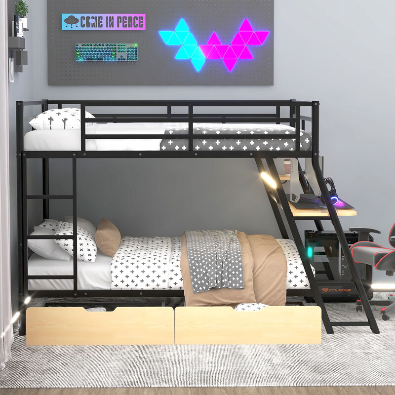 Whisen Full Size Metal Bunk Bed with Built-in Desk and Light and 2 Drawers - Black