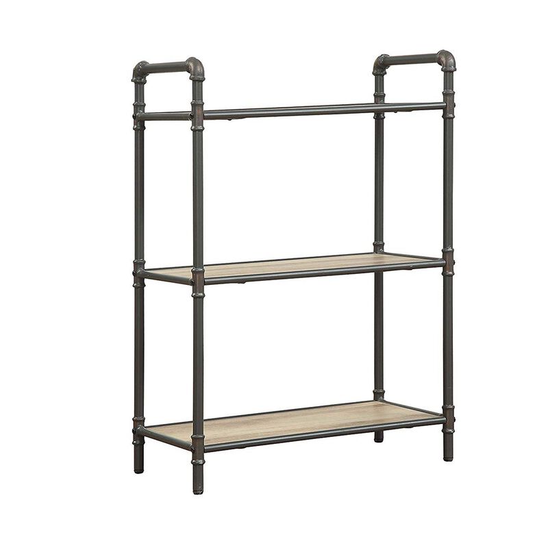 Three Tier Metal Bookshelf With Wooden Shelves, Oak Brown & Gray
