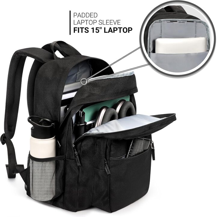 AKSZRI Black Backpack for College and Travel Water Resistant Bookbag