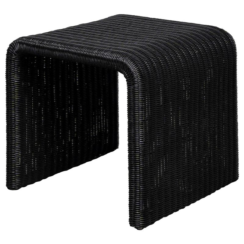 Gigi 22 Inch Side End Table, Black Woven Rattan, Square Waterfall Edges