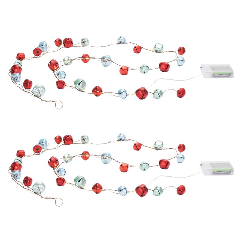 Set of 2 LED Sleigh Bell Garlands – Lighted Wire String with Bells for Holiday Decorating, Fireplace, or Centerpieces