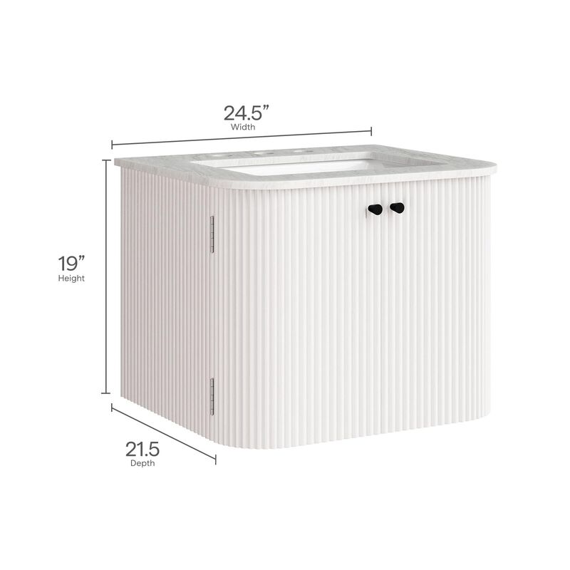 Modway Zia 24 inch Wall-Mount Bathroom Vanity in Ivory with Marble Sink Basin - Floating Bathroom Cabinet with Fluted Design image number 2
